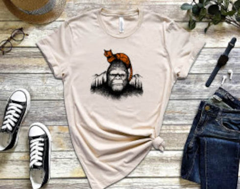Big Foot and Red Cat Shirt, Funny Sasquatch Shirt, Forest Adventure Graphic Tee, Cat Selfie with Bigfoot, Funny Cat Lovers Tee