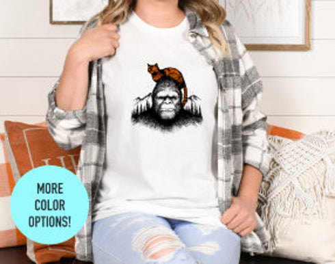 Big Foot and Red Cat Shirt, Funny Sasquatch Shirt, Forest Adventure Graphic Tee, Cat Selfie with Bigfoot, Funny Cat Lovers Tee
