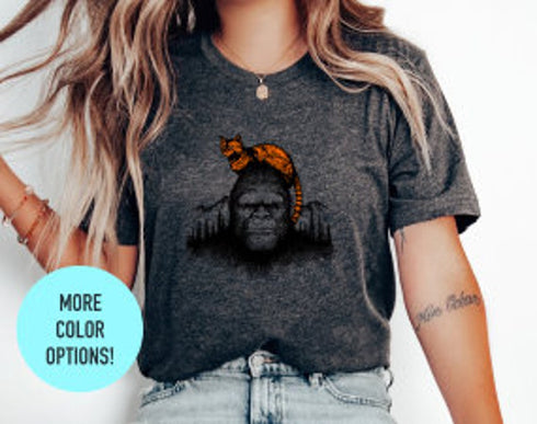 Big Foot and Red Cat Shirt, Funny Sasquatch Shirt, Forest Adventure Graphic Tee, Cat Selfie with Bigfoot, Funny Cat Lovers Tee