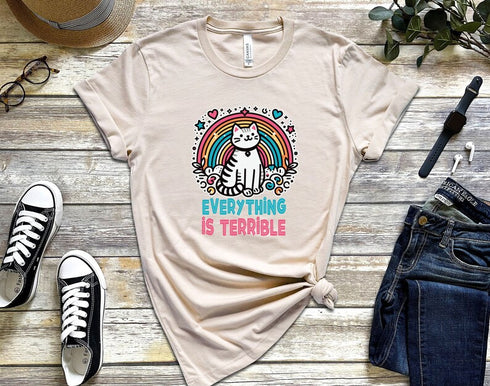 Everything Is Terrible T-shirt | Cute Cat T-shirt | Rainbow And Hearts Graphic Tee | Cat T Shirt | Ironic Cat Shirt | Cat Lover Gift