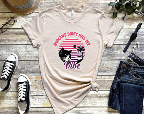Humans Don't Kill My Vibe T-Shirt, Summer Shirt, Retro Cat & Palm Tree Shirt, Take It Easy Tee, Trendy Top, Girl Power Shirt, Self Love Tee