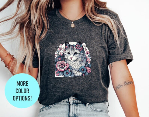 Floral Cat Shirt, Gift For Mom, Gift For Dad, Cat Mom, Cat Lover Shirt, Floral Cat Tee, Animal Lover Tee, Cat Lovers Shirt, Cat Mom Shirt