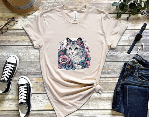 Floral Cat Shirt, Gift For Mom, Gift For Dad, Cat Mom, Cat Lover Shirt, Floral Cat Tee, Animal Lover Tee, Cat Lovers Shirt, Cat Mom Shirt