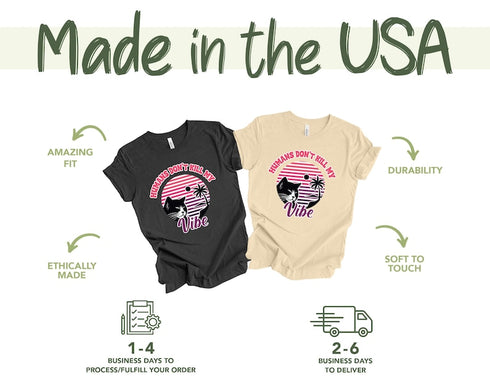 Humans Don't Kill My Vibe T-Shirt, Summer Shirt, Retro Cat & Palm Tree Shirt, Take It Easy Tee, Trendy Top, Girl Power Shirt, Self Love Tee