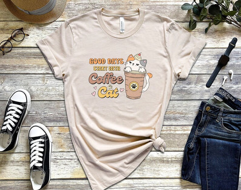 Good Days Start With Coffee And Cat T-shirt, Touch My Coffee T-shirt, Whimsical Kitten Graphic, Tees For Cat Lovers, Cat Lover Shirt