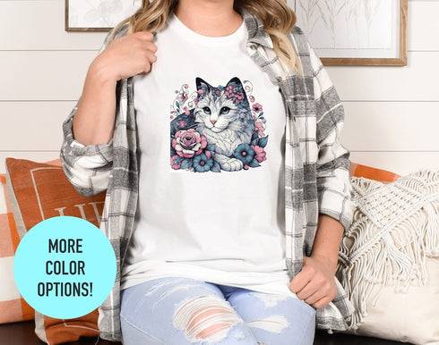 Floral Cat Shirt, Gift For Mom, Gift For Dad, Cat Mom, Cat Lover Shirt, Floral Cat Tee, Animal Lover Tee, Cat Lovers Shirt, Cat Mom Shirt