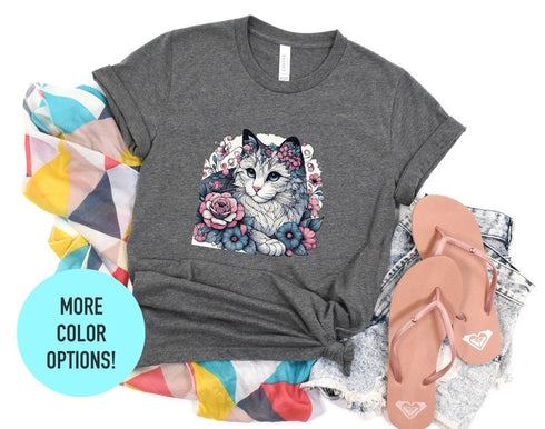 Floral Cat Shirt, Gift For Mom, Gift For Dad, Cat Mom, Cat Lover Shirt, Floral Cat Tee, Animal Lover Tee, Cat Lovers Shirt, Cat Mom Shirt