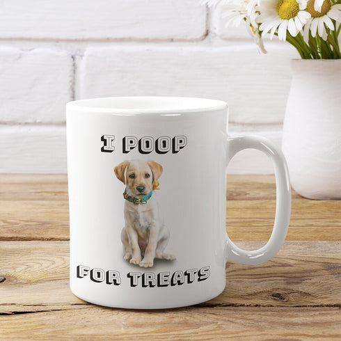 I Poop For Treats Customized Pet Design Coffee Mug. Personalize Mug. Dog Lover Gift. Custom Pet Gifts. Funny Dog Owner Gift.